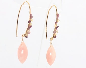 Pink Opal Earrings, Pink Opal Briolette And Multi Gemstone Gold Earrings, Delicate Drop Earrings, Bridesmaid Jewelry, Bridal Earrings
