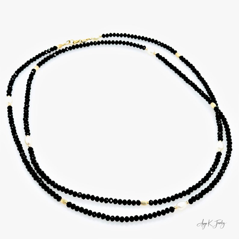 Pearl And Spinel Necklace, Black Spinel And White Freshwater Pearls 14KT Gold Filled Necklace, Long Layering Necklace, Jewelry Gifts For Her zdjęcie 5
