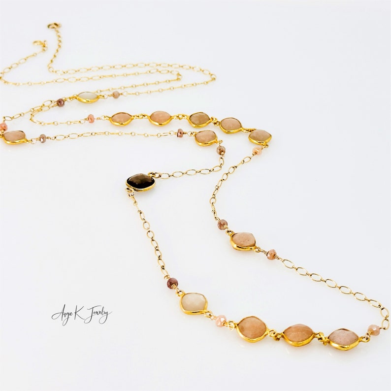 Moonstone Necklace, Peach Moonstone Long Layering 14KT Gold Filled Necklace, Gemstone Jewelry, June Birthstone Gift, Special Gift For Her immagine 5