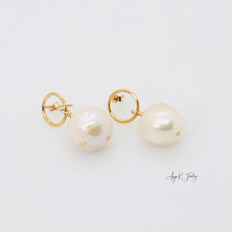 White Pearl Earrings, White Baroque Pearls 14KT Gold Filled Circle Post Earrings, Bridal Jewelry, June Birthstone Jewelry, Everyday Earrings image 7