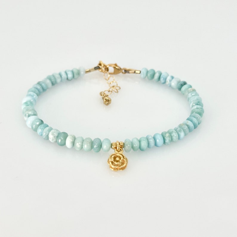 Blue Larimar Bracelet, Natural Dominican Larimar Gold Vermeil Charm Bracelet, AAA Larimar Beaded Bracelet, Bridal Jewelry, Beach Jewelry zdjęcie 6