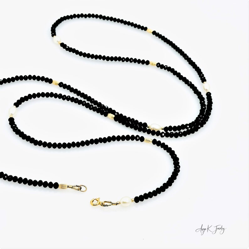 Pearl And Spinel Necklace, Black Spinel And White Freshwater Pearls 14KT Gold Filled Necklace, Long Layering Necklace, Jewelry Gifts For Her image 3