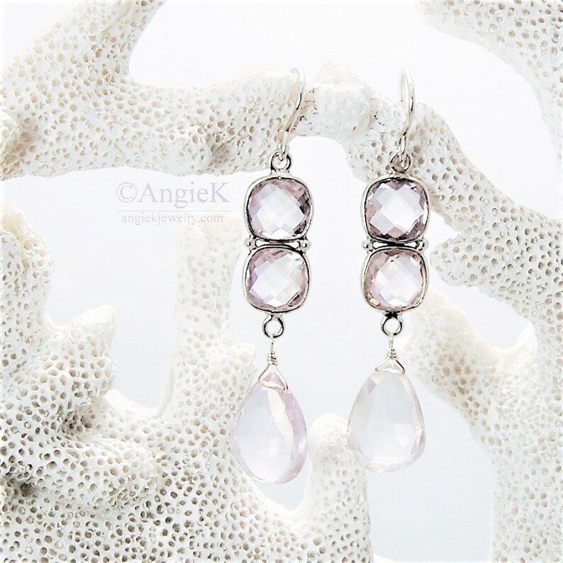 Handmade Rose Liliac Brazilian Pink Amethyst Faceted Pear Briolette Gemstone Sterling Silver Earrings