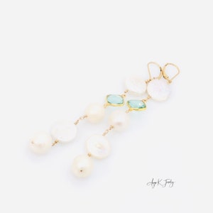 Long Pearl Earrings, Cascade Gemstone Earrings, White Pearl And Aquamarine 14KT Gold Filled Earrings, Bridal Earrings, One Of A Kind Jewelry zdjęcie 8
