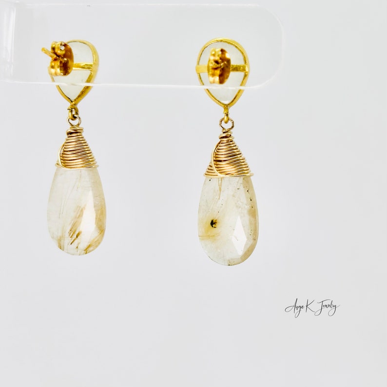 Golden Rutile Quartz Earrings, Golden Rutilated Quartz And Moonstone Gold Stud Earrings, Gold Gemstone Earrings, One Of A Kind Jewelry Gifts image 3