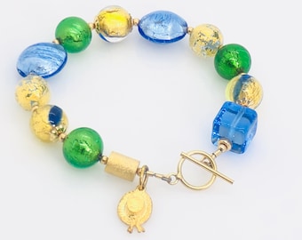 Murano Glass Bracelet, Multi Murano Glass Gondolier Hat Charm Bracelet, 14Gold Filled Toggle, Elegant Jewelry, Colorful Beaded Bracelet