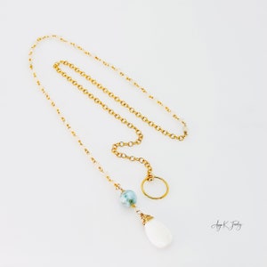 White Opal Lariat Necklace, White Opal And Larimar Lariat Gold Necklace, Multi Gemstone Necklace, Birthstone Jewelry, One Of A Kind Gift image 2