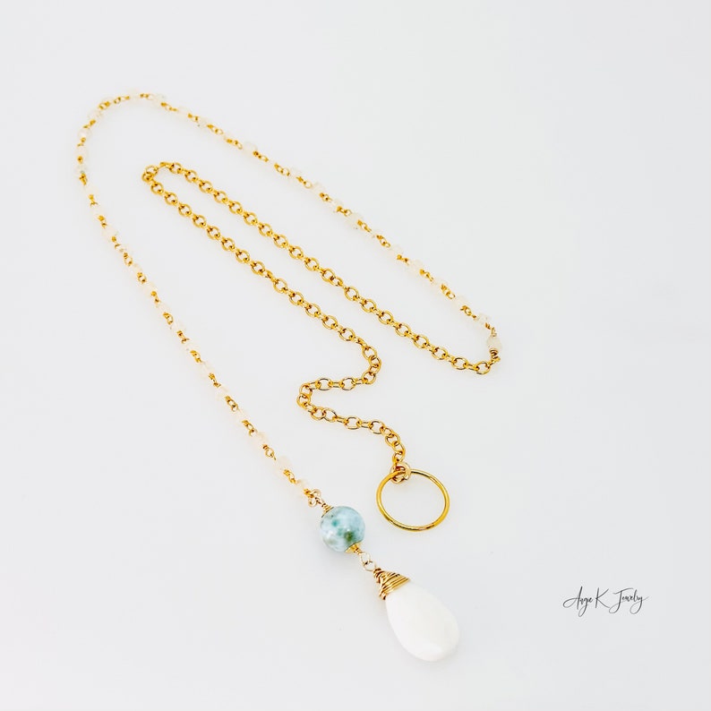 Weißer Opal Lariat Halskette, Weißer Opal und Larimar Lariat Gold Halskette, Multi Edelstein Halskette, Schmuck, Unikat Bild 2