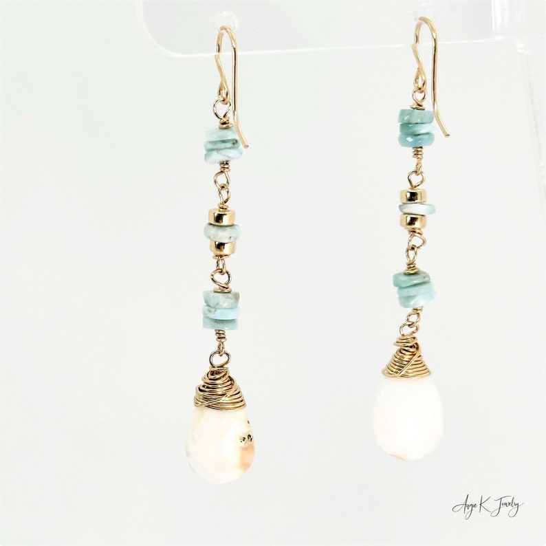 White Opal Earrings, White Opal And Larimar 14KT Gold Filled Earrings, Long Dangle Drop Earrings, Gemstone Jewelry, Meaningful Gift For Her image 6