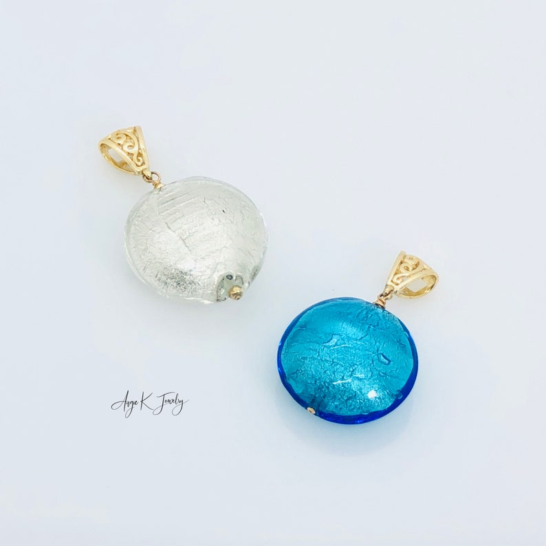 Murano glazen hanger, Aqua wit goud folie Murano glazen hanger, blauwe Murano goud Vermeil hanger, zomer sieraden, cadeau voor haar afbeelding 2