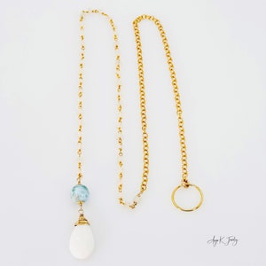 Weißer Opal Lariat Halskette, Weißer Opal und Larimar Lariat Gold Halskette, Multi Edelstein Halskette, Schmuck, Unikat Bild 7