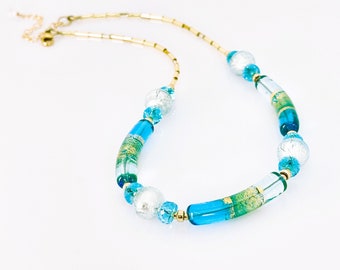 Blue Murano Glass Necklace, Colorful Venetian Murano 14KT Gold Filled Necklace,  Serale Aqua Murano Statement Necklace, One Of A Kind Gifts