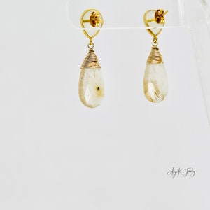 Golden Rutile Quartz Earrings, Golden Rutilated Quartz And Moonstone Gold Stud Earrings, Gold Gemstone Earrings, One Of A Kind Jewelry Gifts image 9