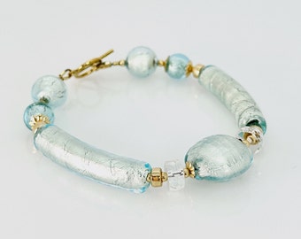 Aquamarine Blue Murano Glass Bracelet, Venetian Murano Beaded Jewelry, Murano Glass 14KT Gold Filled Toggle Bracelet, One Of A Kind Gifts