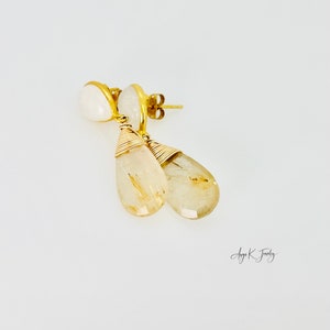 Boucles d'oreilles en quartz rutile doré et pierres de lune en or, Boucles d'oreilles en or avec pierres précieuses, Cadeaux bijoux uniques image 7