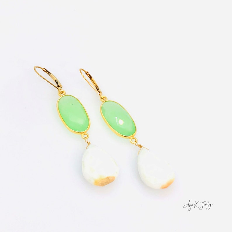 White Opal Earrings, White Opal And Green Chalcedony 14KT Gold Filled Earrings, Large Dangle Drop Earrings, Gemstone Jewelry, Gift For Her zdjęcie 9
