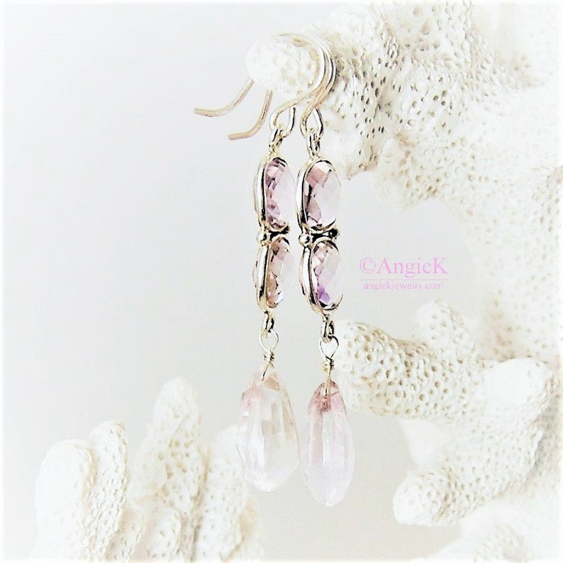 Handmade Rose Liliac Brazilian Pink Amethyst Faceted Pear Briolette Gemstone Sterling Silver Earrings