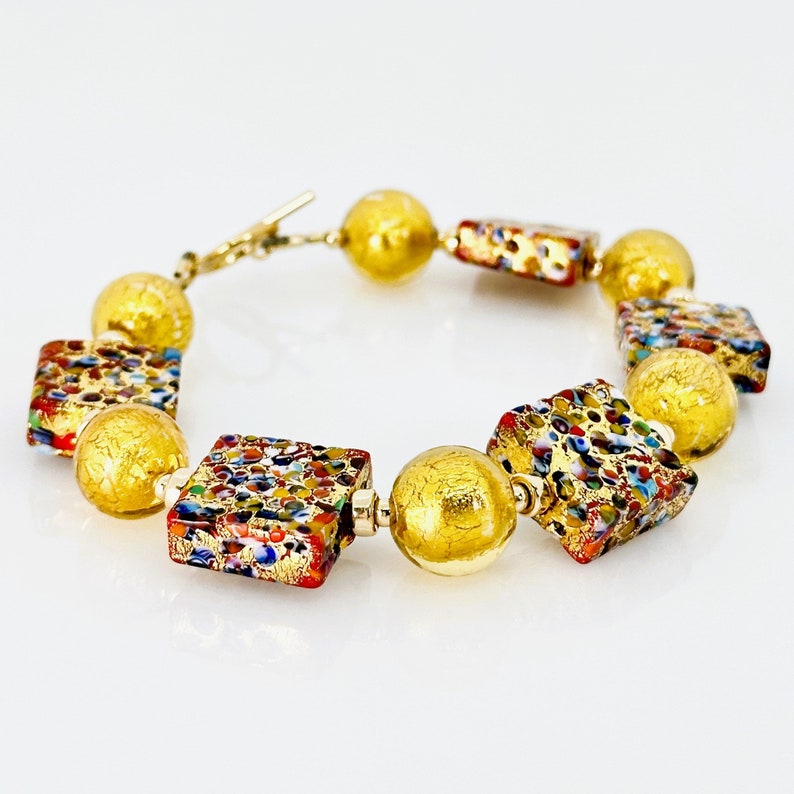 Bracelet Klimt en verre de Murano, Bijoux vénitiens en verre de Murano, Bracelet à bascule coloré rempli d'or de Murano 14 carats, Cadeaux bijoux uniques image 8