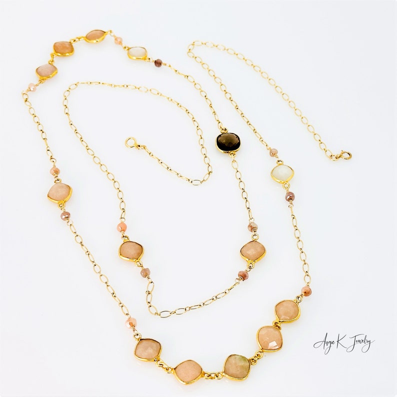 Moonstone Necklace, Peach Moonstone Long Layering 14KT Gold Filled Necklace, Gemstone Jewelry, June Birthstone Gift, Special Gift For Her 画像 4