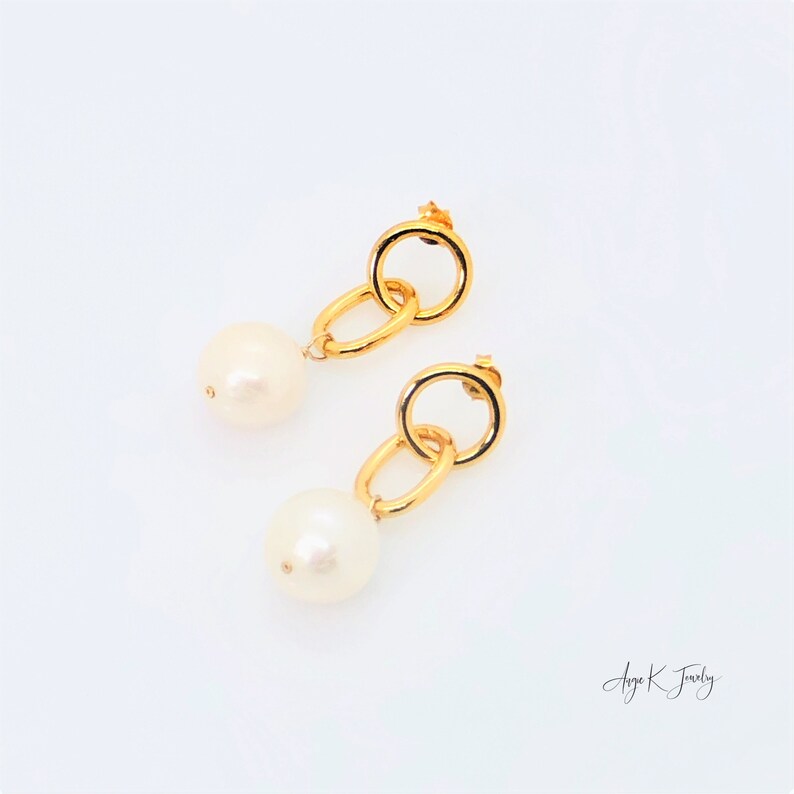 Pearl Earrings, White Baroque Pearl Earrings, Pearl Dangle Earrings, Bridal Earrings, Pearl Gold Vermeil Stud Earrings, One Of A Kind Gift image 8