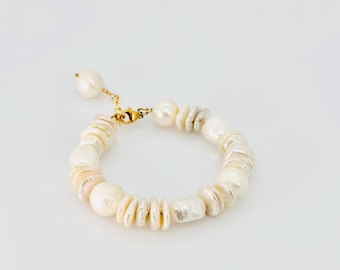 Barokke parelarmband, natuurlijke witte parel 14KT goud gevulde armband, parelsieraden, juni Birthstone sieraden, een van een soort cadeau voor haar