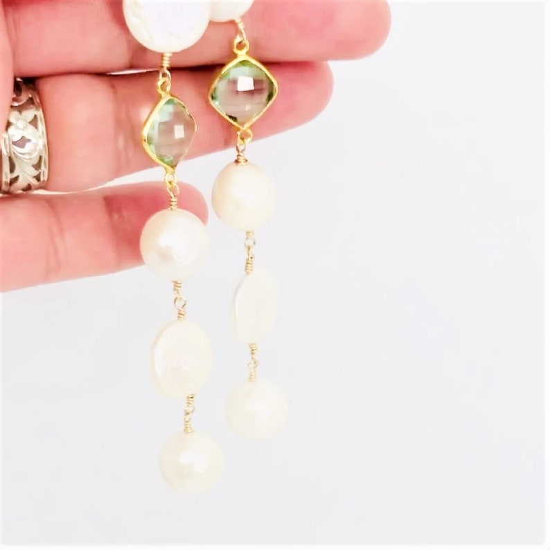 Long Pearl Earrings, Cascade Gemstone Earrings, White Pearl And Aquamarine 14KT Gold Filled Earrings, Bridal Earrings, One Of A Kind Jewelry zdjęcie 6