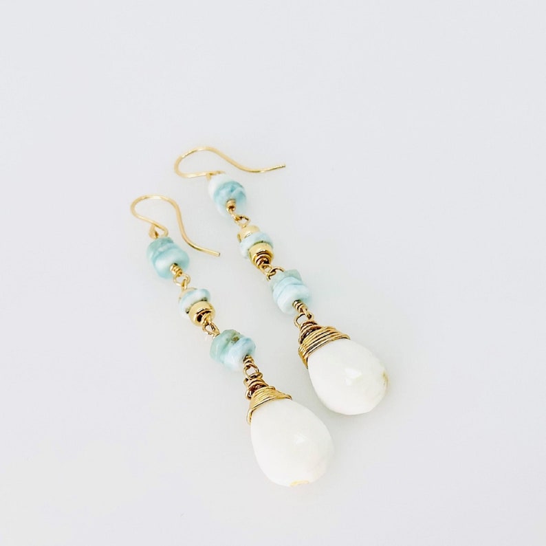White Opal Earrings, White Opal And Larimar 14KT Gold Filled Earrings, Long Dangle Drop Earrings, Gemstone Jewelry, Meaningful Gift For Her image 1