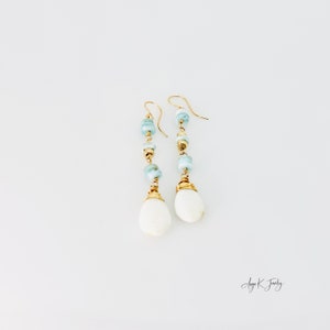 White Opal Earrings, White Opal And Larimar 14KT Gold Filled Earrings, Long Dangle Drop Earrings, Gemstone Jewelry, Meaningful Gift For Her zdjęcie 8