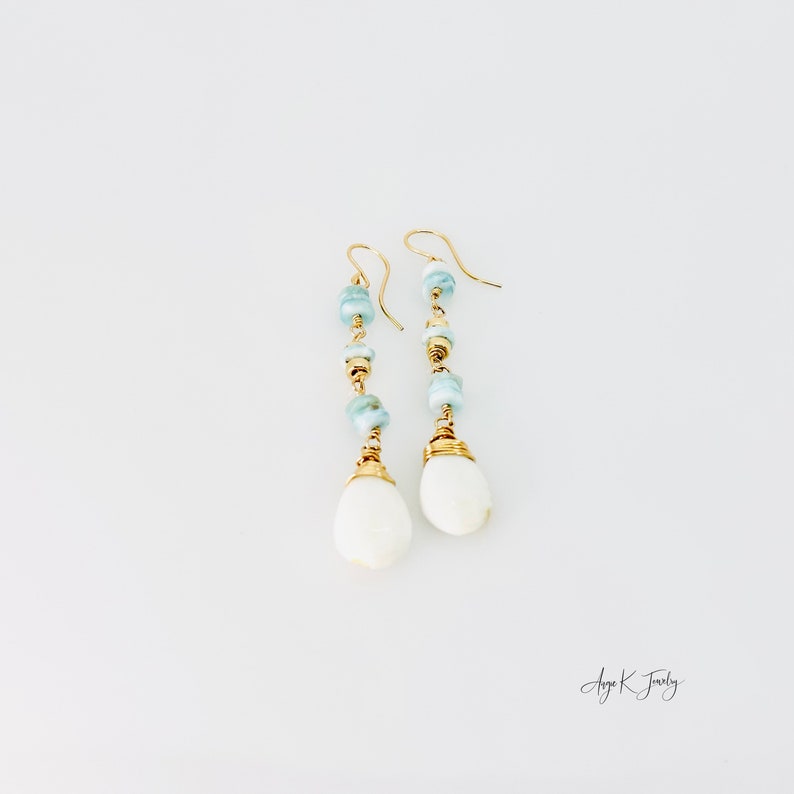 White Opal Earrings, White Opal And Larimar 14KT Gold Filled Earrings, Long Dangle Drop Earrings, Gemstone Jewelry, Meaningful Gift For Her image 8