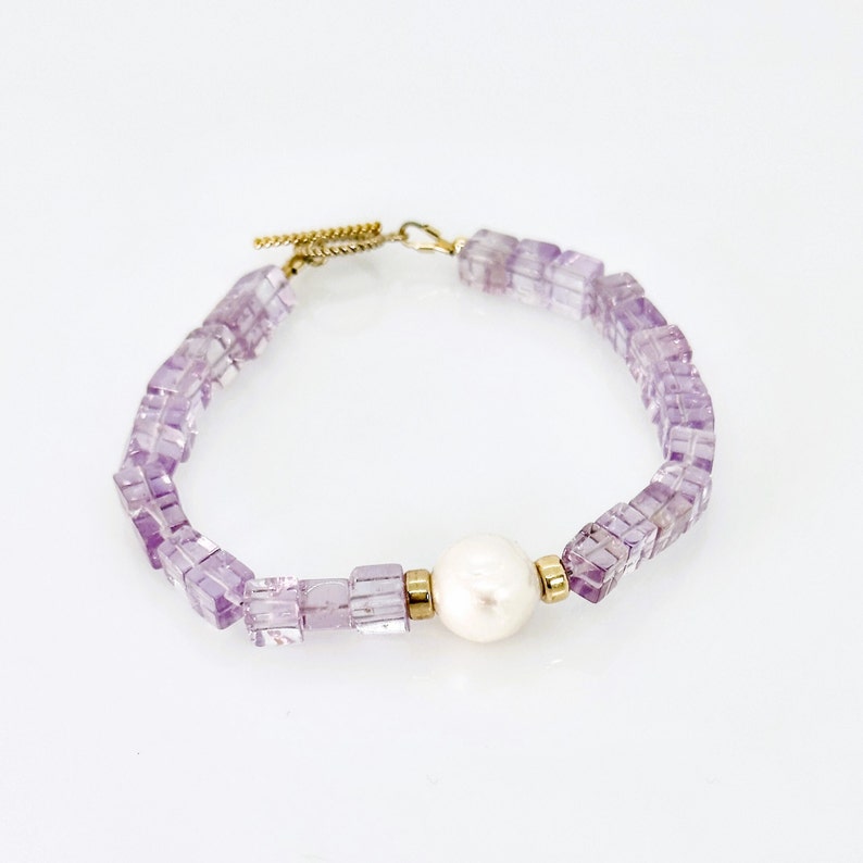 Pink Amethyst Bracelet, Amethyst Pearl 14KT Gold Filled Toggle Bracelet, Amethyst Bracelet, February Birthstone Jewelry, Unique Gift For Her image 1