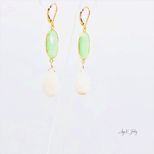 Witte opaal oorbellen, witte opaal en groene Chalcedoon 14KT goud gevulde oorbellen, grote bungelende drop oorbellen, edelsteen sieraden, cadeau voor haar afbeelding 7