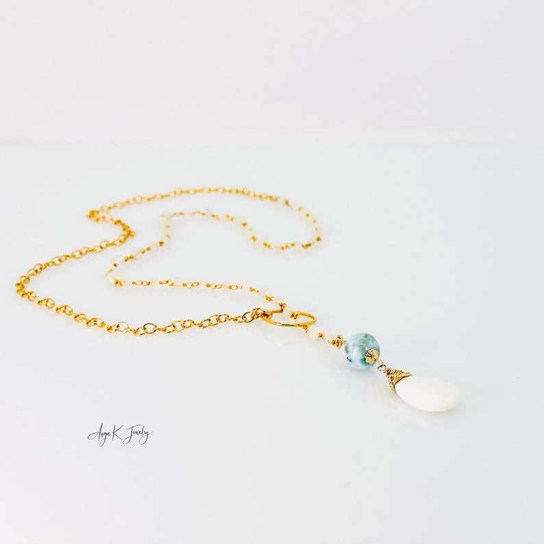 White Opal Lariat Necklace, White Opal And Larimar Lariat Gold Necklace, Multi Gemstone Necklace, Birthstone Jewelry, One Of A Kind Gift image 4