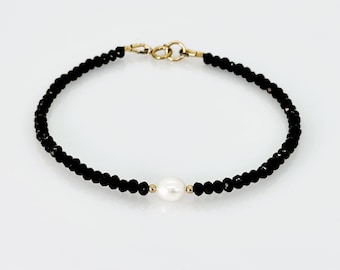 Black Spinel Bracelet, Faceted Black Spinel White Freshwater Pearl 14KT Gold Filled Bracelet, One Of A Kind Jewelry, Unique Gifts For Her