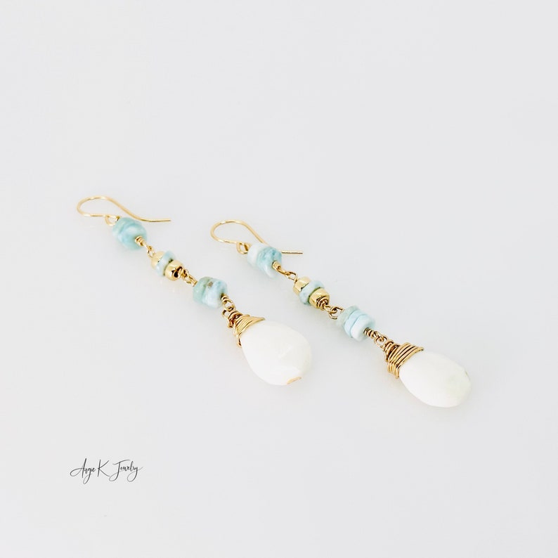 White Opal Earrings, White Opal And Larimar 14KT Gold Filled Earrings, Long Dangle Drop Earrings, Gemstone Jewelry, Meaningful Gift For Her image 4