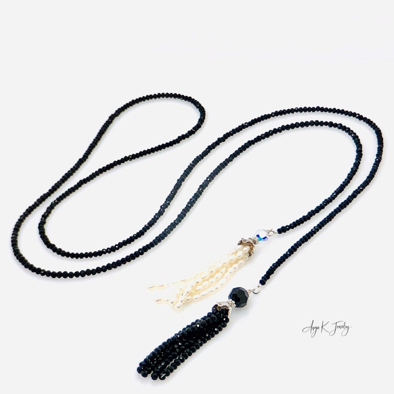 Gemstone Lariat Necklace, Black Spinel And Pearl Long Lariat Necklace, Long Gemstone Lariat With Tassels Necklace, Jewelry Gift For Her image 5