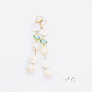 Long Pearl Earrings, Cascade Gemstone Earrings, White Pearl And Aquamarine 14KT Gold Filled Earrings, Bridal Earrings, One Of A Kind Jewelry image 4