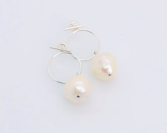 White Pearl Earrings, White Baroque Pearls Silver Circle Drop Bar Post Earrings, Pearl Drop Earrings, Elegant Earrings, Jewelry Gifts