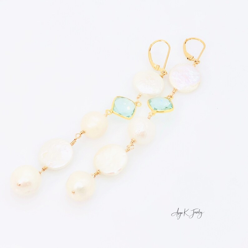 Long Pearl Earrings, Cascade Gemstone Earrings, White Pearl And Aquamarine 14KT Gold Filled Earrings, Bridal Earrings, One Of A Kind Jewelry image 3
