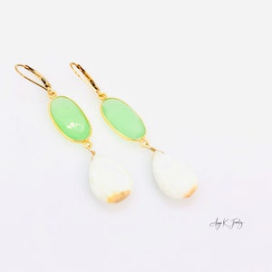 White Opal Earrings, White Opal And Green Chalcedony 14KT Gold Filled Earrings, Large Dangle Drop Earrings, Gemstone Jewelry, Gift For Her image 2