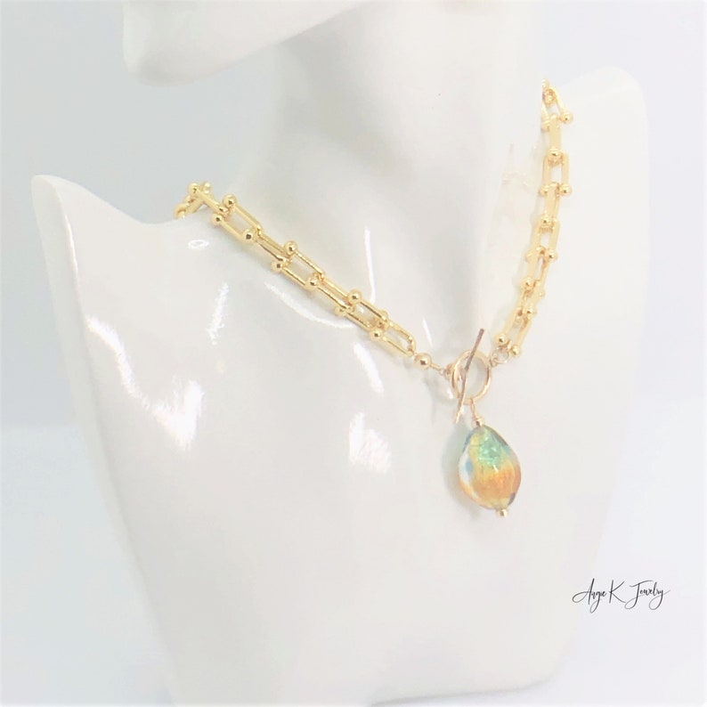 Murano Glass Necklace, Murano Glass Topaz And Aqua Front Toggle Gold Necklace, Pendant Necklace, Statement Jewelry, Mother of the Bride imagem 7