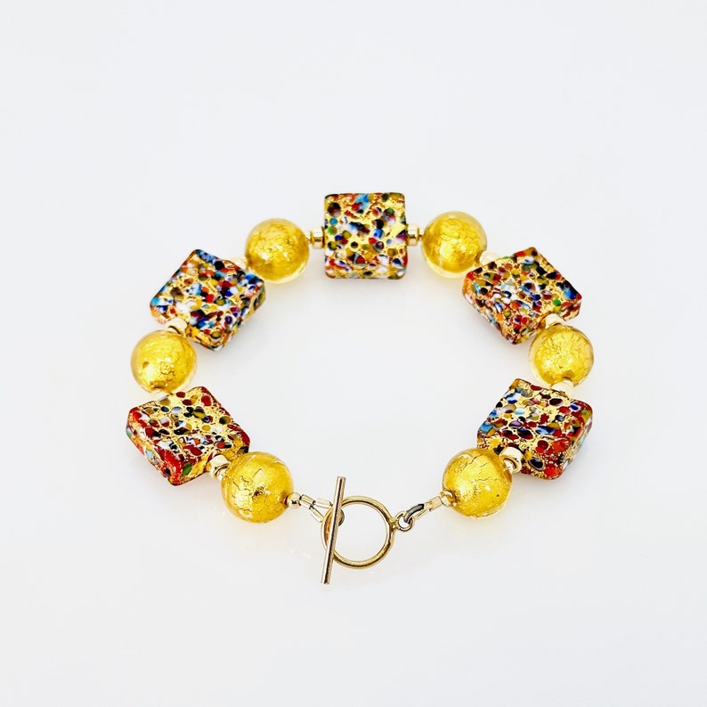 Bracelet Klimt en verre de Murano, Bijoux vénitiens en verre de Murano, Bracelet à bascule coloré rempli d'or de Murano 14 carats, Cadeaux bijoux uniques image 3
