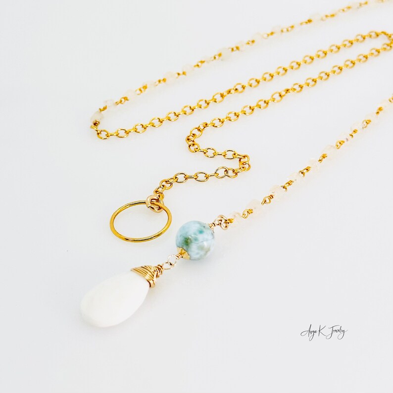 White Opal Lariat Necklace, White Opal And Larimar Lariat Gold Necklace, Multi Gemstone Necklace, Birthstone Jewelry, One Of A Kind Gift image 8