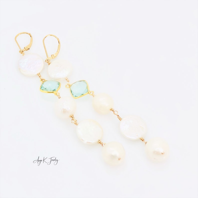 Long Pearl Earrings, Cascade Gemstone Earrings, White Pearl And Aquamarine 14KT Gold Filled Earrings, Bridal Earrings, One Of A Kind Jewelry image 9