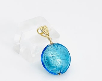 Murano Glass Pendant, Aqua White Gold Foil Murano Glass Pendant, Blue Murano Gold Vermeil Pendant, Summer Jewelry, Gift For Her