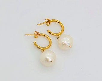 Baroque Pearl Hoops, White Pearl Earrings, Pearl Dangle Hoop Earrings, Bridal Jewelry, Gold Vermeil Hoop Stud Earrings, Jewelry Gifts