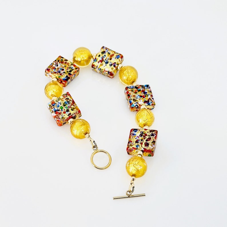 Bracelet Klimt en verre de Murano, Bijoux vénitiens en verre de Murano, Bracelet à bascule coloré rempli d'or de Murano 14 carats, Cadeaux bijoux uniques image 4