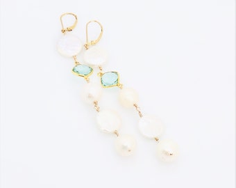 Long Pearl Earrings, Cascade Gemstone Earrings, White Pearl And Aquamarine 14KT Gold Filled Earrings, Bridal Earrings, One Of A Kind Jewelry