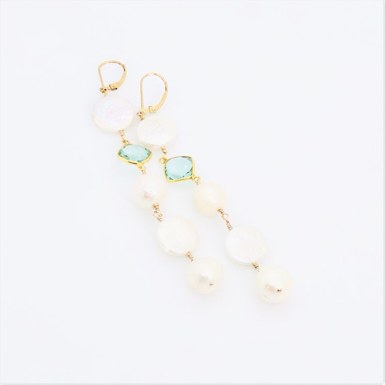 Long Pearl Earrings, Cascade Gemstone Earrings, White Pearl And Aquamarine 14KT Gold Filled Earrings, Bridal Earrings, One Of A Kind Jewelry image 2