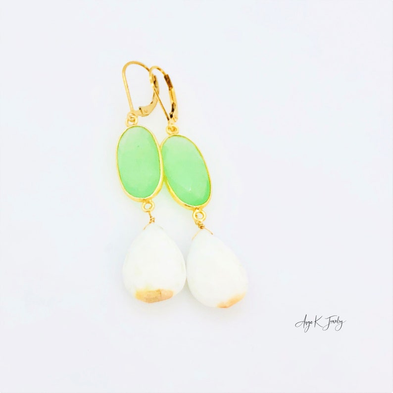 White Opal Earrings, White Opal And Green Chalcedony 14KT Gold Filled Earrings, Large Dangle Drop Earrings, Gemstone Jewelry, Gift For Her zdjęcie 8