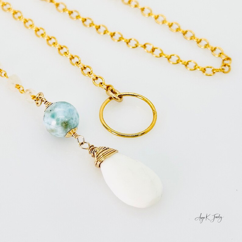 Weißer Opal Lariat Halskette, Weißer Opal und Larimar Lariat Gold Halskette, Multi Edelstein Halskette, Schmuck, Unikat Bild 5